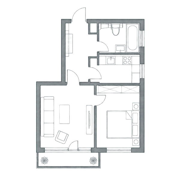 Grundriss: Flur, Wohnzimmer mit Balkon über die ganze Breite, Schlafzimmer, Küche mit Fenster, Bad