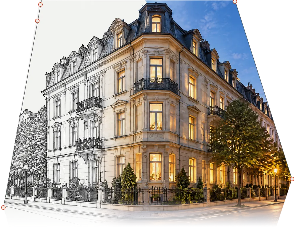 Gründerzeit-Eckhaus mit Erker und Mansarddach in Wiesbaden, links als Bauzeichnung, rechts im Abendlicht