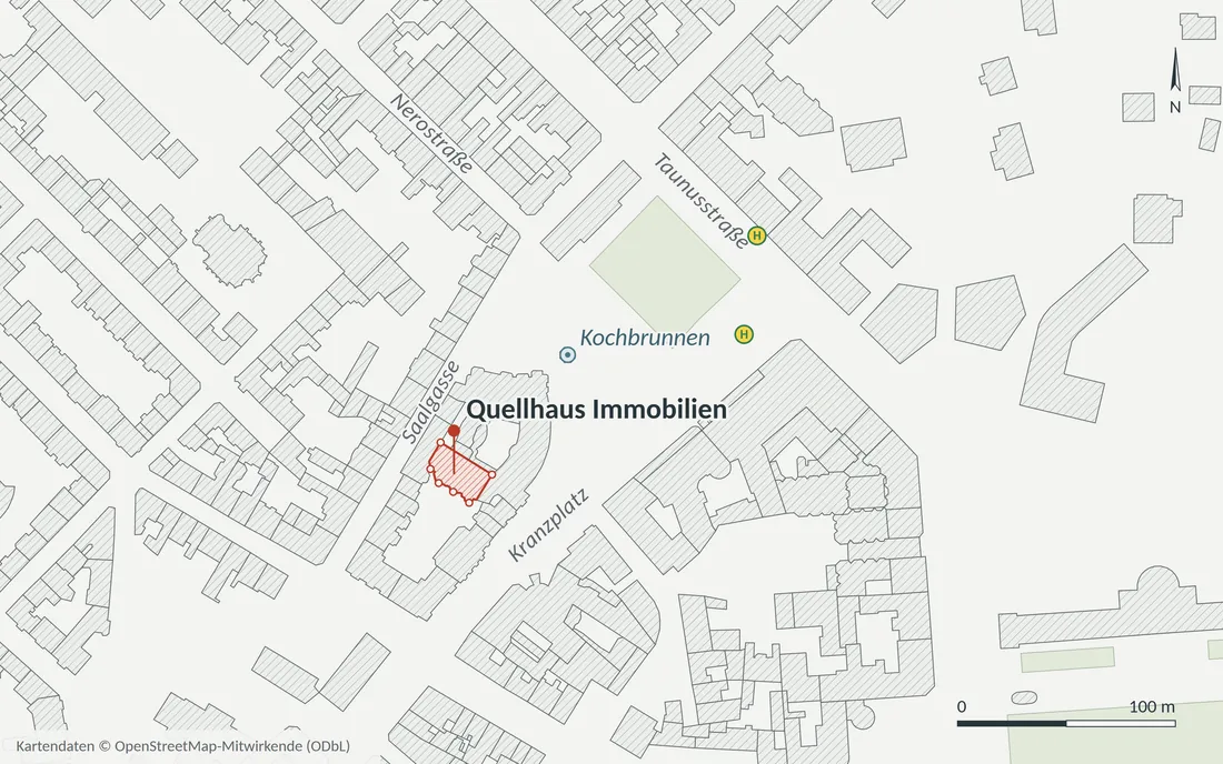 Lageplan des Quellenviertels: unser Büro zwischen Saalgasse und Kranzplatz, gegenüber vom Kochbrunnen, Bushaltestelle Kochbrunnen an der Taunusstraße